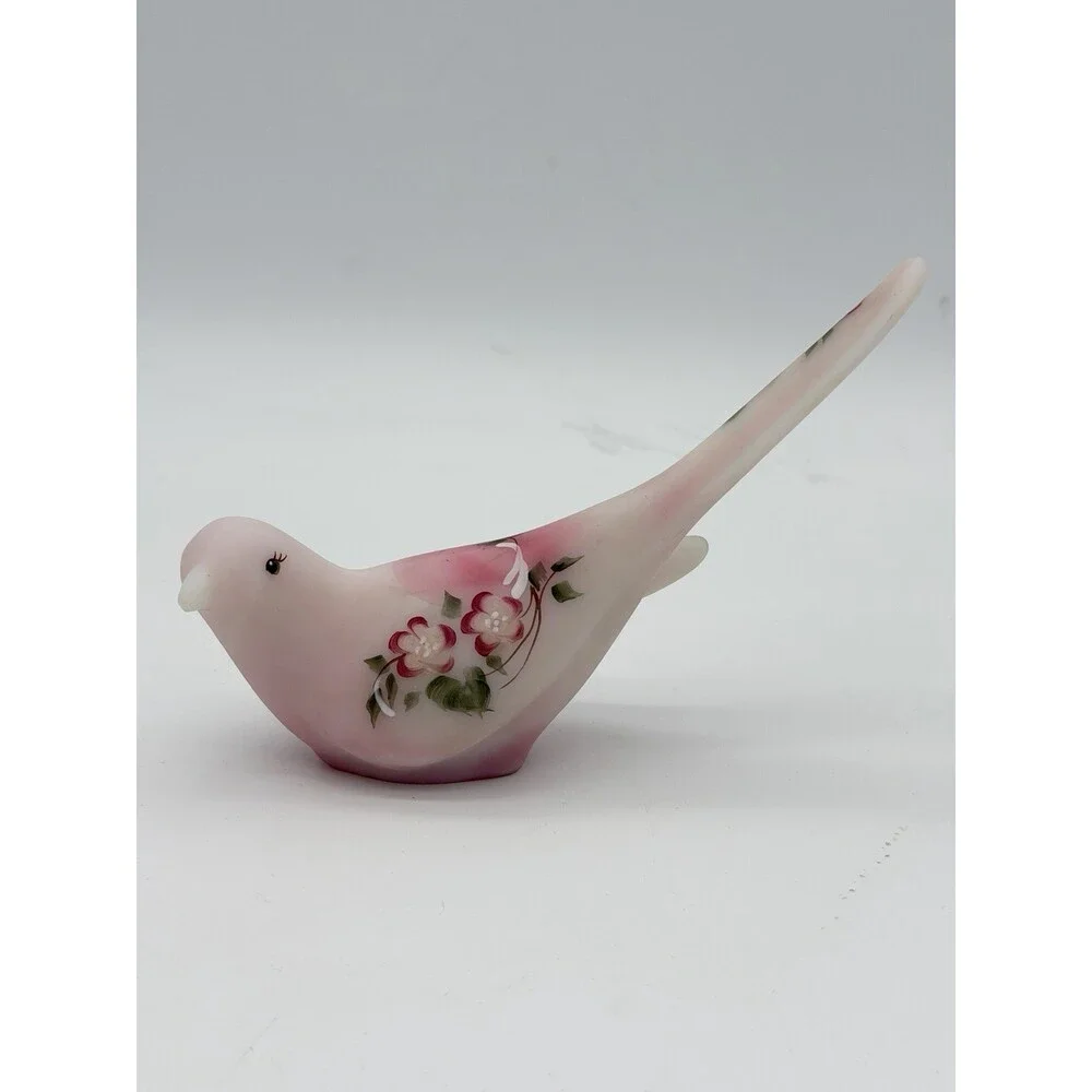 Fenton Rosaline Pink Satin Art Glass Bird Hand Painted Signed Shelley Fenton